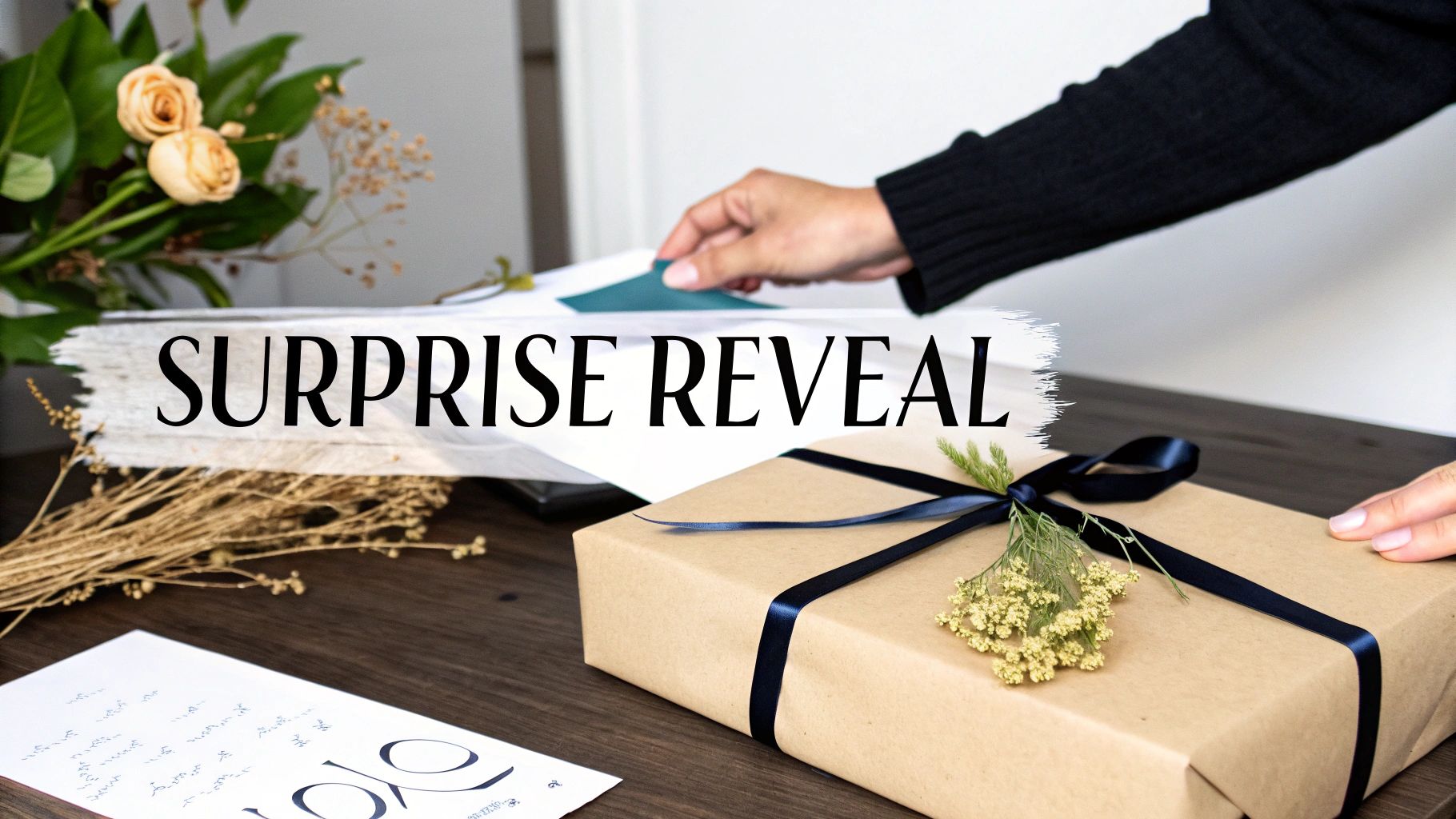 A person reveals a surprise by placing a card next to a beautifully wrapped gift with flowers.