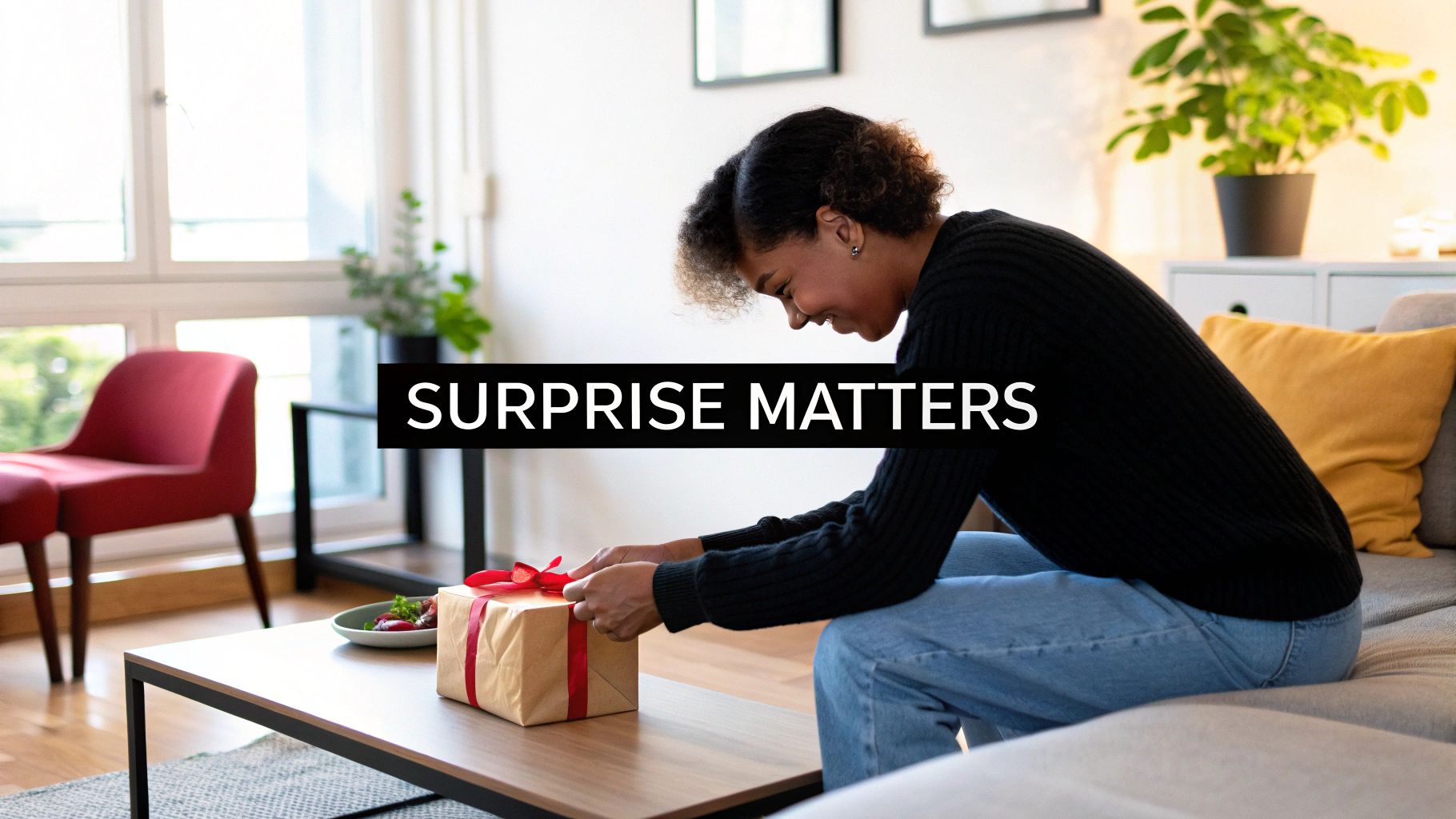 Excited young Black woman opening a surprise gift box on a coffee table in a modern living room.