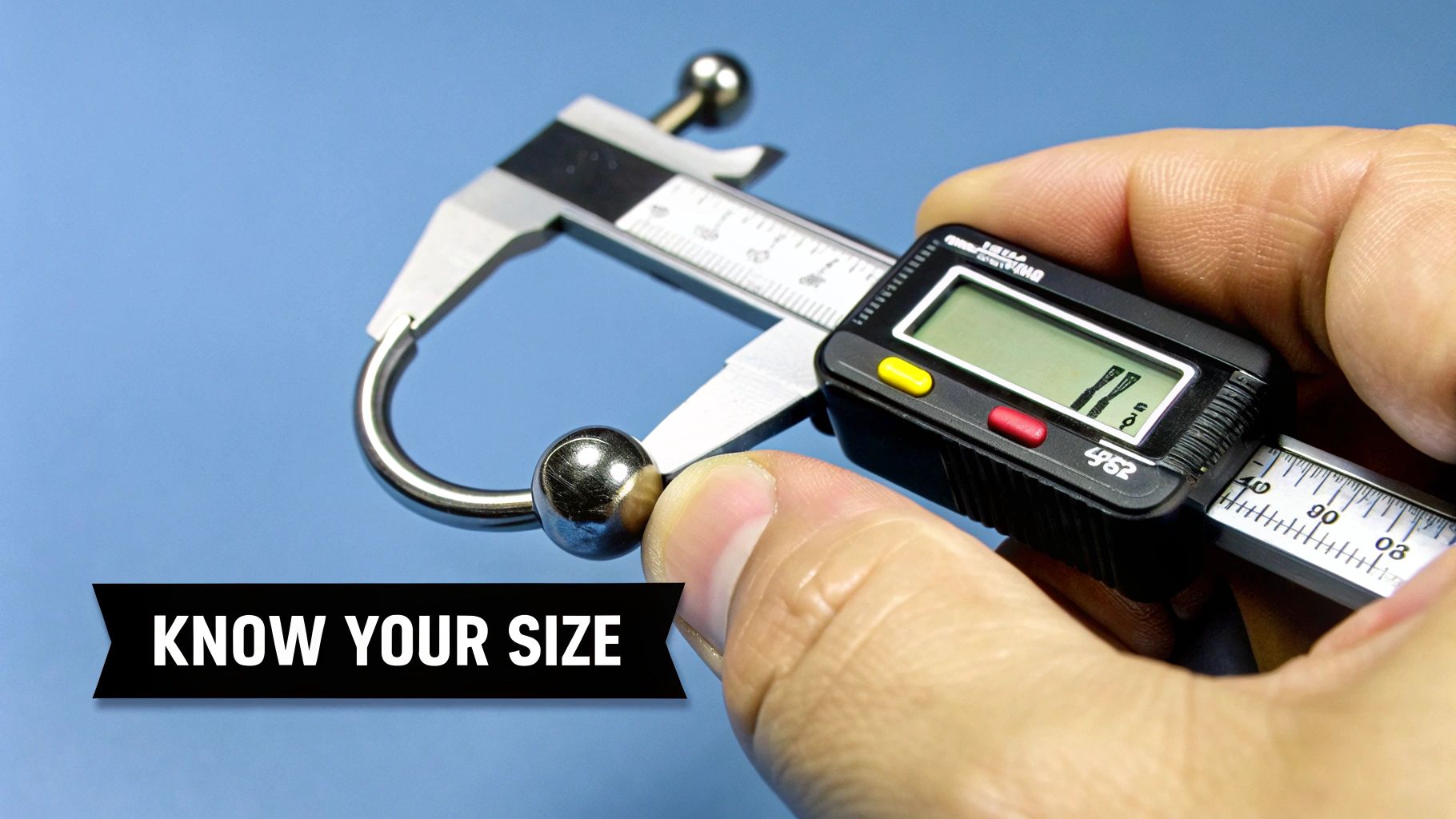 A person measuring their belly button piercing at home to find the right size.