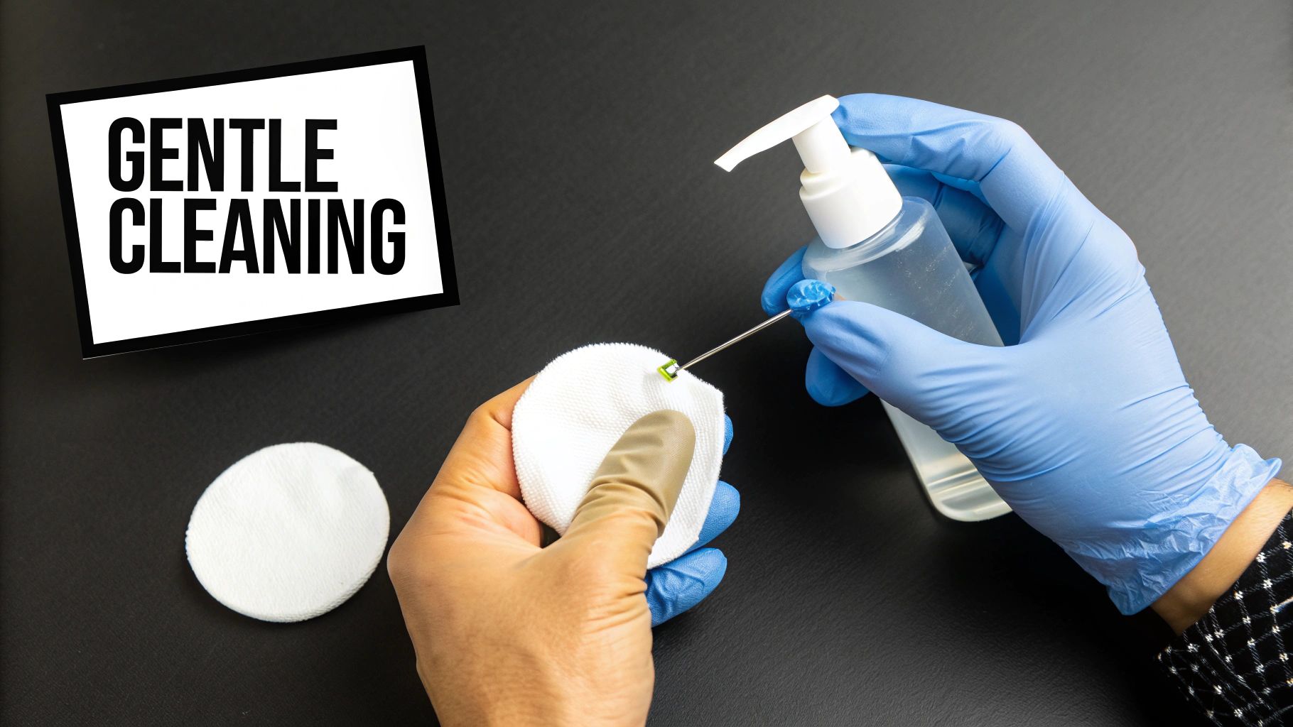 A person gently cleaning their tragus piercing with a sterile saline spray.