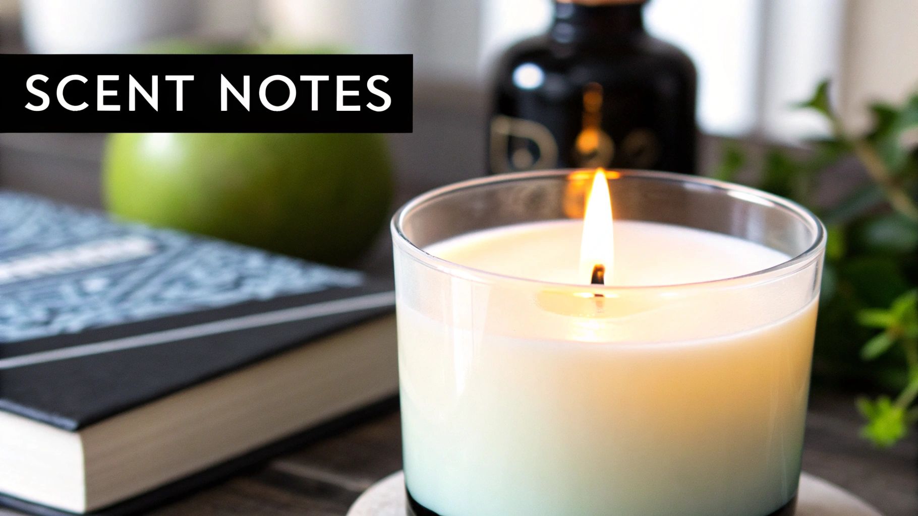 A lit white candle in a glass, with a green apple, book, and bottle in the background, labeled "SCENT NOTES".