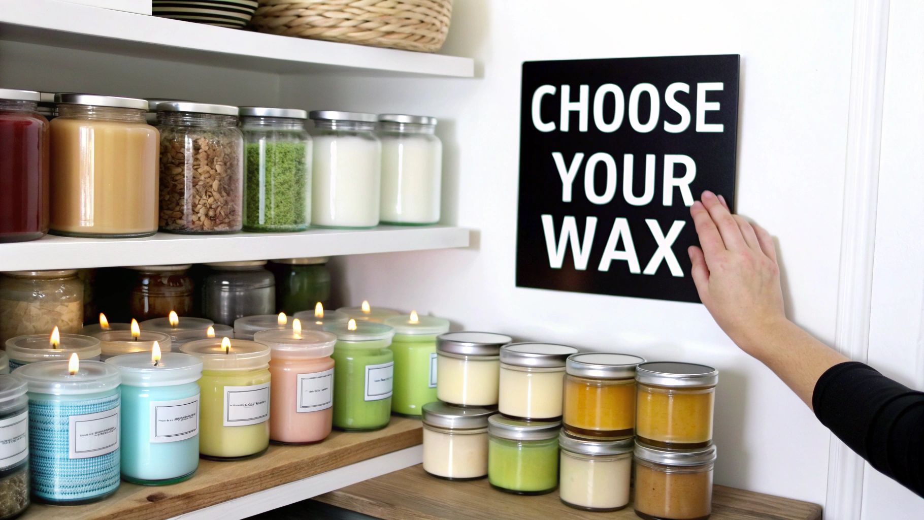 A hand touches a “CHOOSE YOUR WAX” sign, surrounded by shelves and a table full of diverse candle wax jars and lit candles.