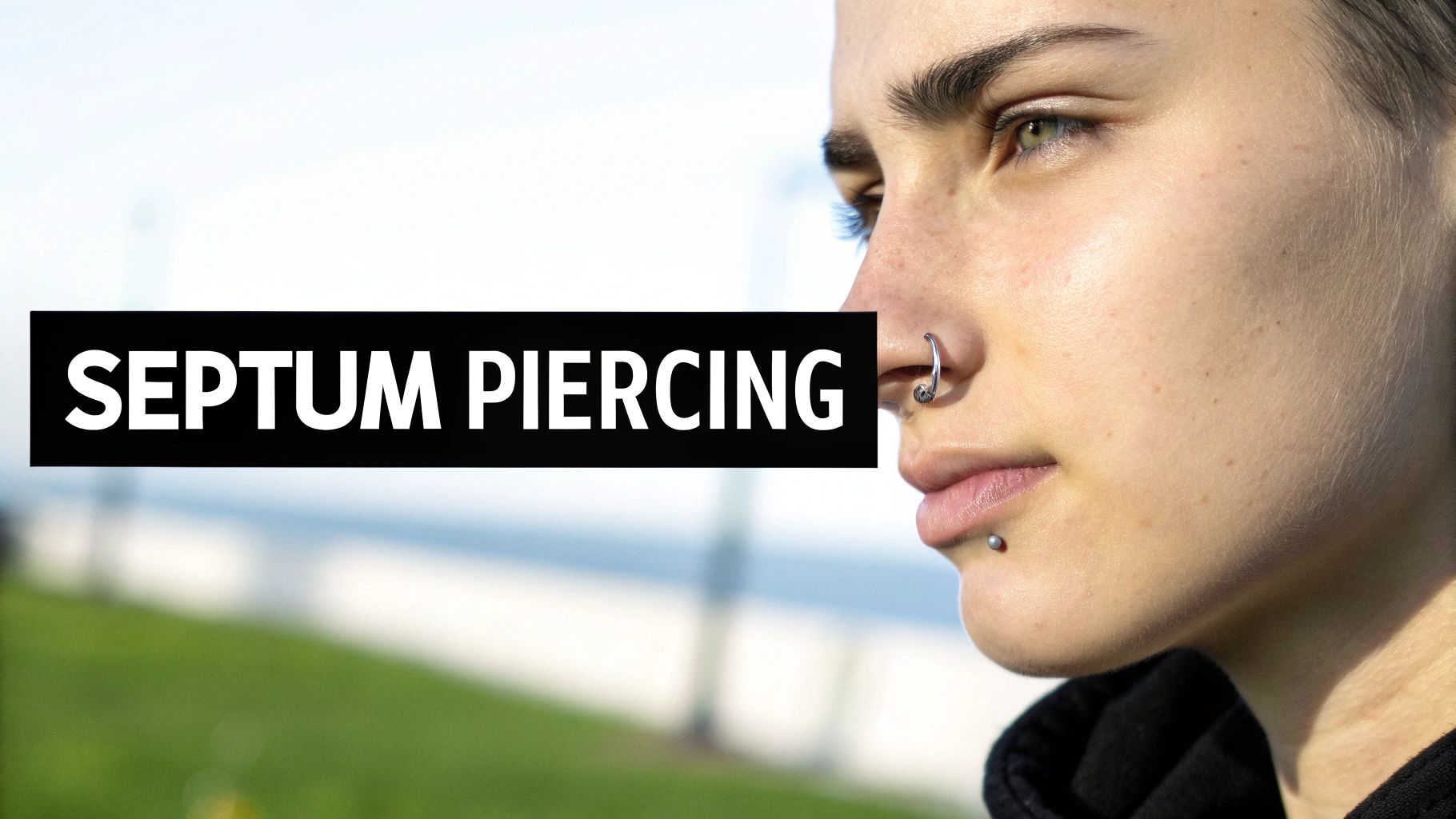 Close-up of a person with a septum piercing and a labret piercing, with 'SEPTUM PIERCING' text.