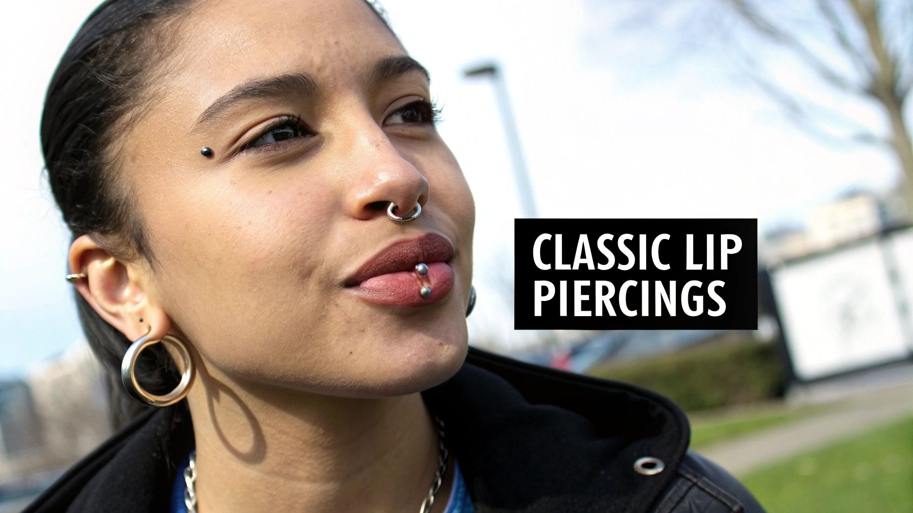 A person with multiple facial and ear piercings, including a lip, septum, and anti-eyebrow piercing.