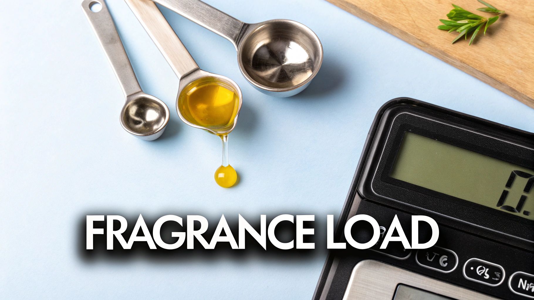 Measuring spoons with yellow liquid dripping, a calculator, and 'FRAGRANCE LOAD' text.
