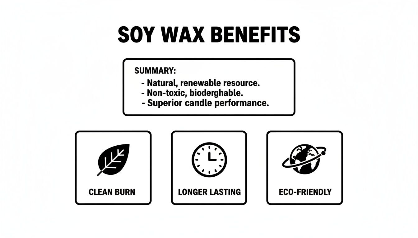 An infographic detailing the benefits of soy wax, including clean burn, longer lasting, and eco-friendly properties.