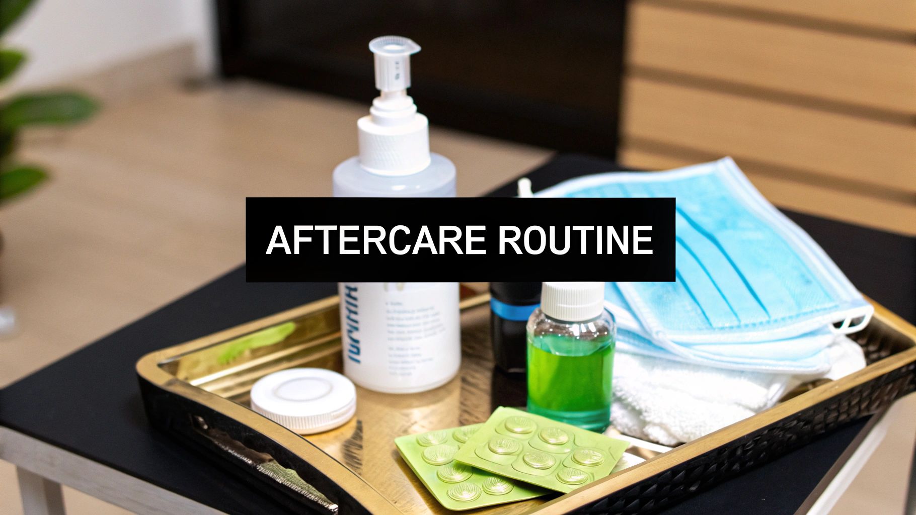 A gold-rimmed tray filled with aftercare routine items, including hand sanitizer, face masks, and green liquid.