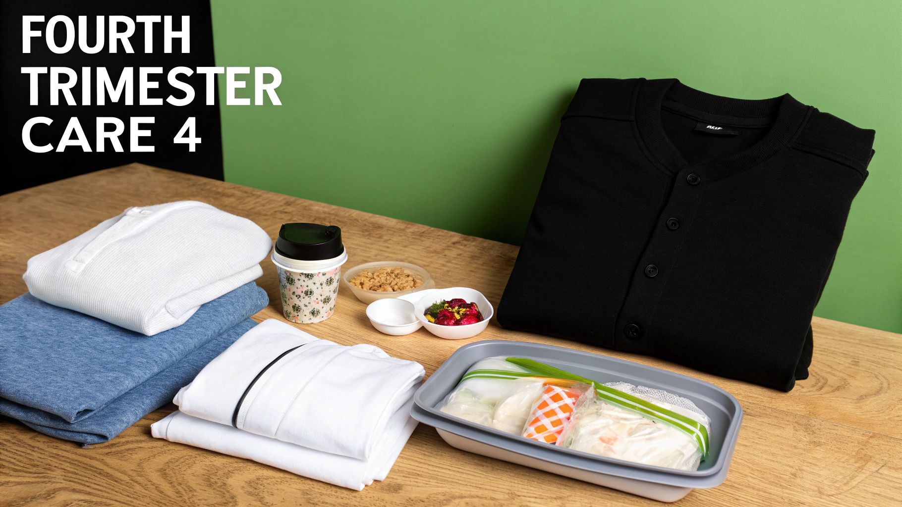 Essentials for fourth-trimester care, including comfortable clothes, a coffee cup, snacks, and prepared meals.