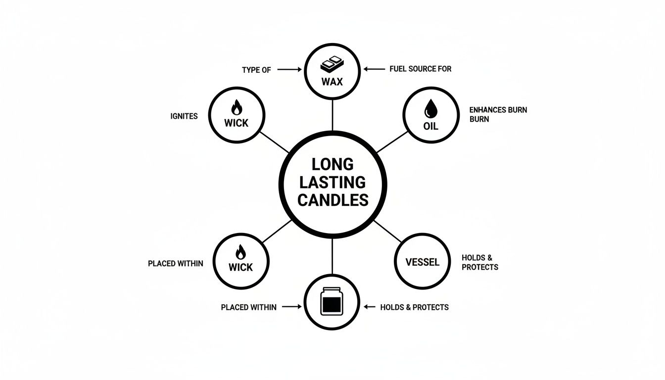 A diagram illustrating the components of long lasting candles, including wax, wick, oil, and vessel with their functions.