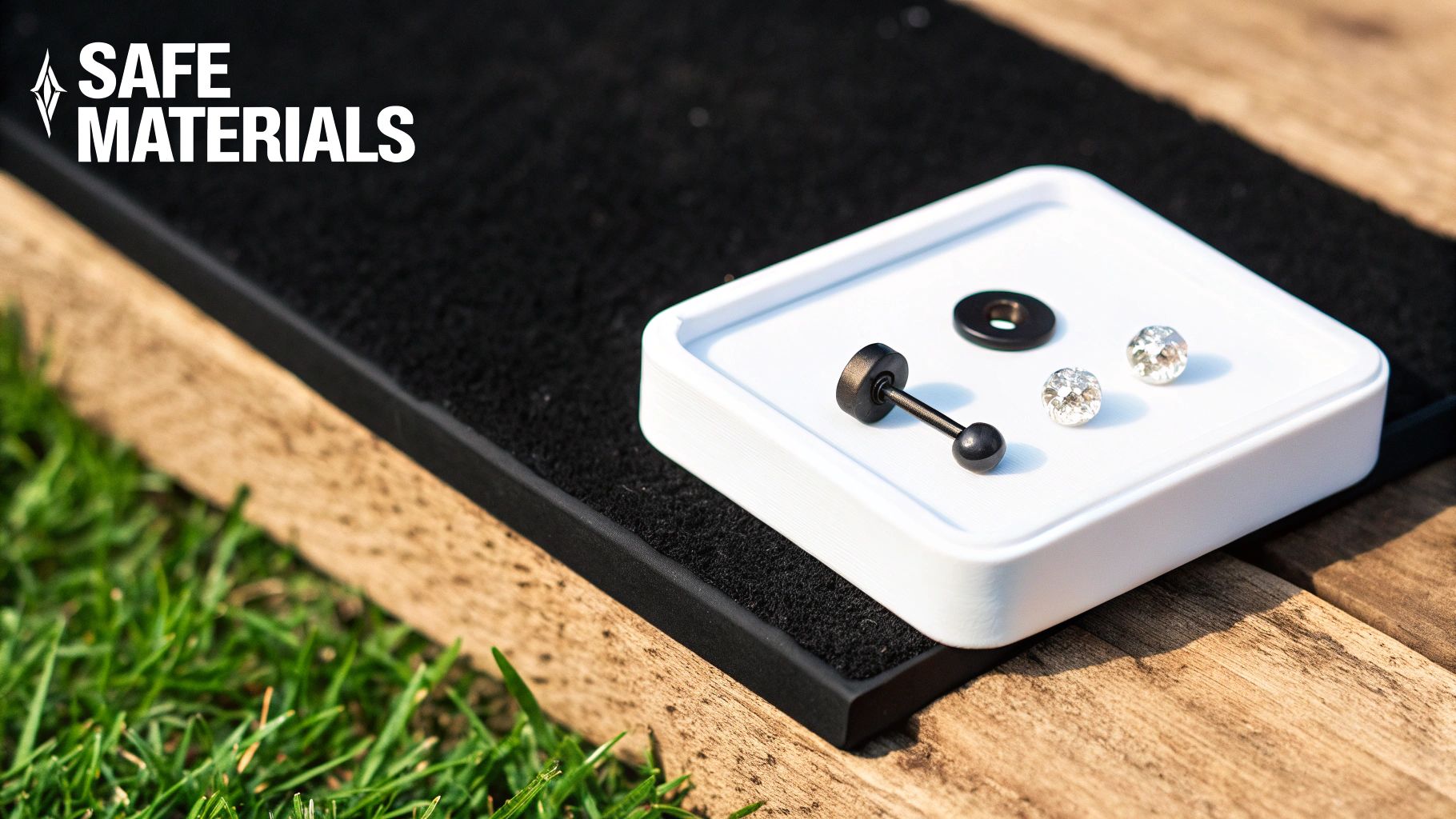 Hypoallergenic body jewelry set including black barbell and crystal studs on white display tray