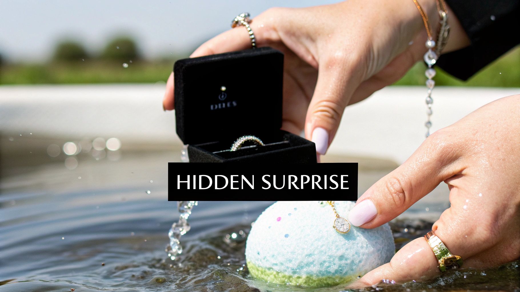 A hand holding a sparkling bath bomb with a candle in the background