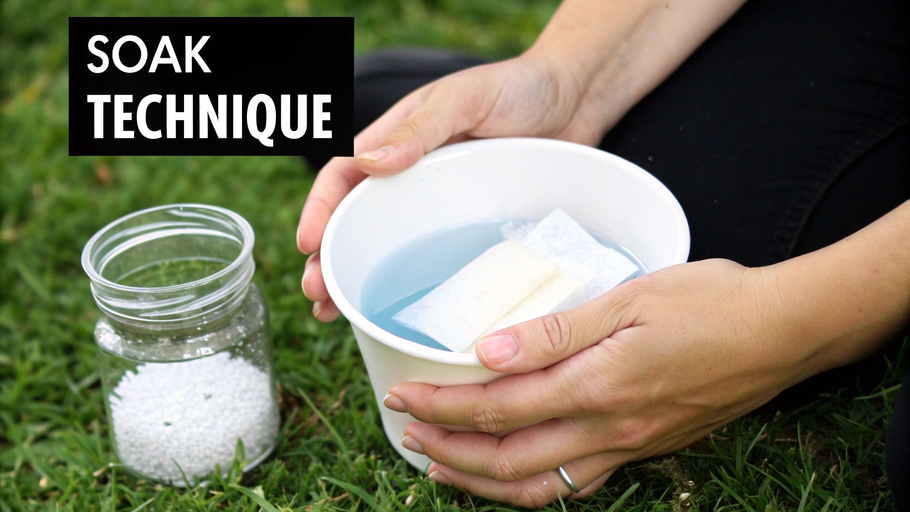 A person's hands hold a white cup with white pads soaking in blue liquid, demonstrating a soak technique.
