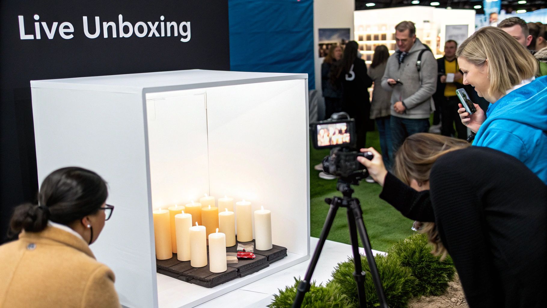 People gather around a display labeled "Live Unboxing," filming candles and a small red object.