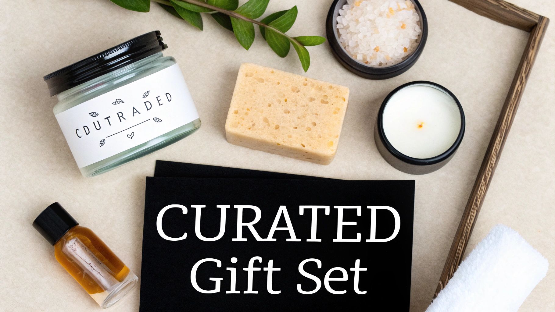 An overhead view of a curated bath and body gift set with soap, salts, candle, and oil.