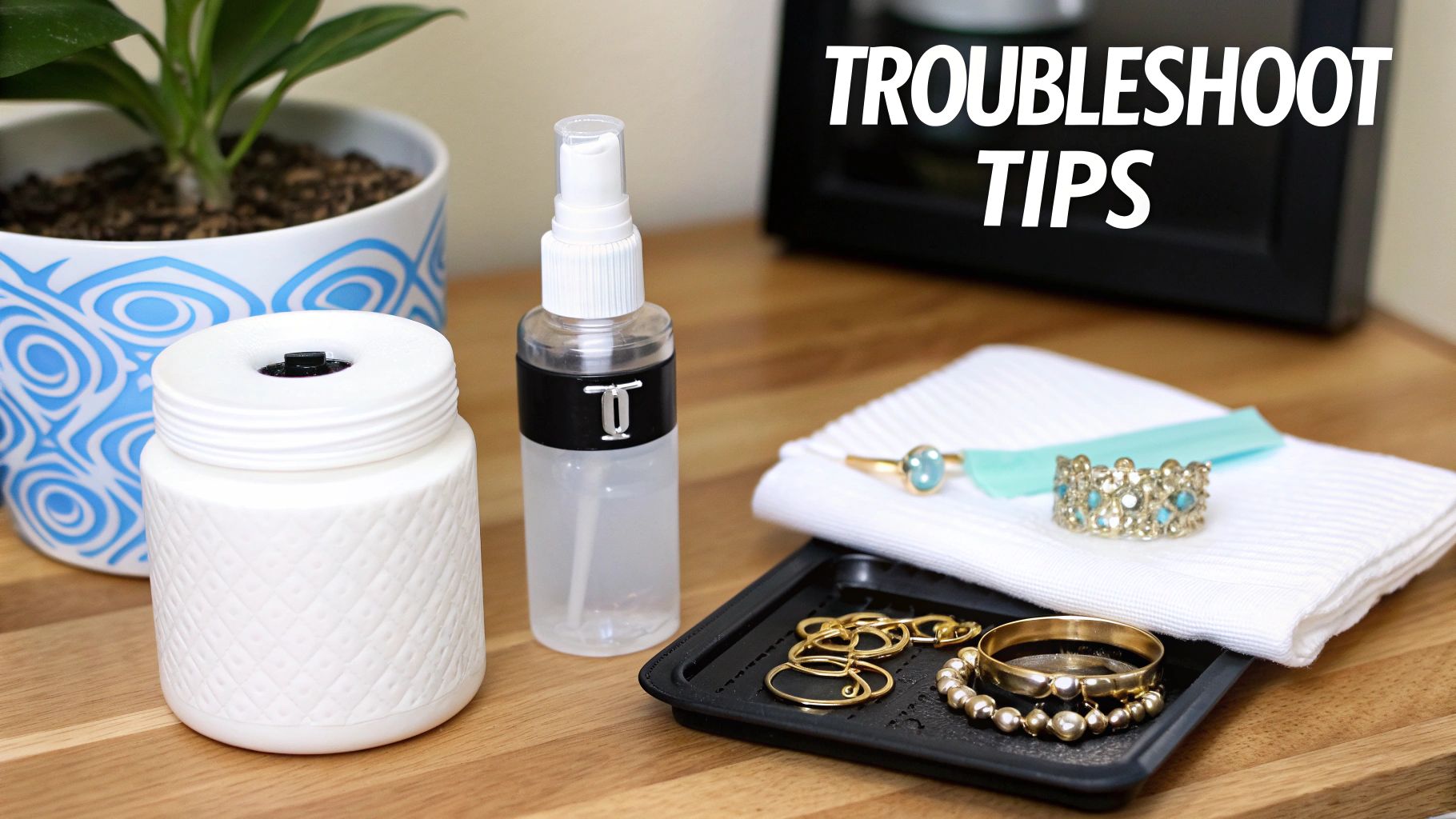 A setup for jewelry care, featuring a cleaning device, spray bottle, cloth, and various jewelry pieces.