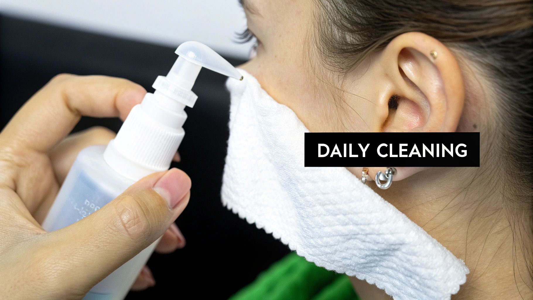 A person uses a spray bottle and white cloth to clean a cartilage ear piercing, with text 'DAILY CLEANING'.