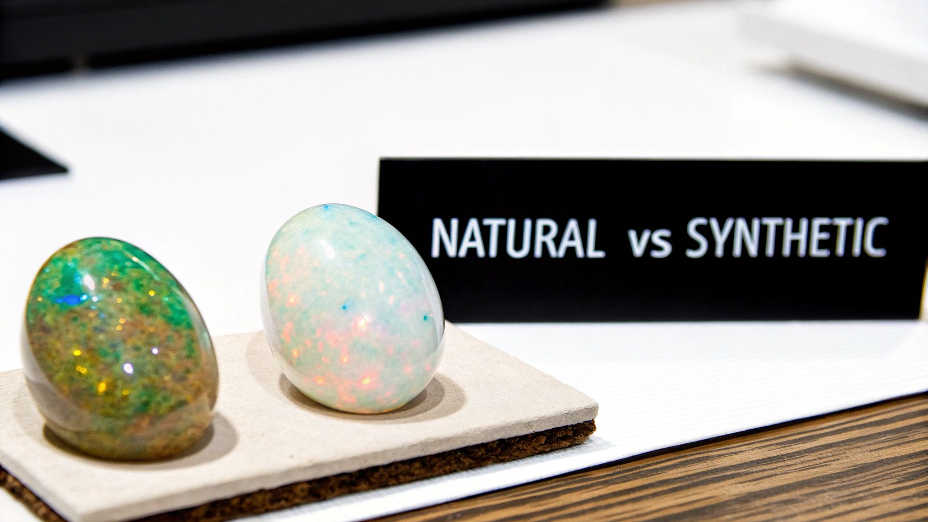 Two polished gemstones, one green and one white, displayed next to a 'NATURAL vs SYNTHETIC' sign.