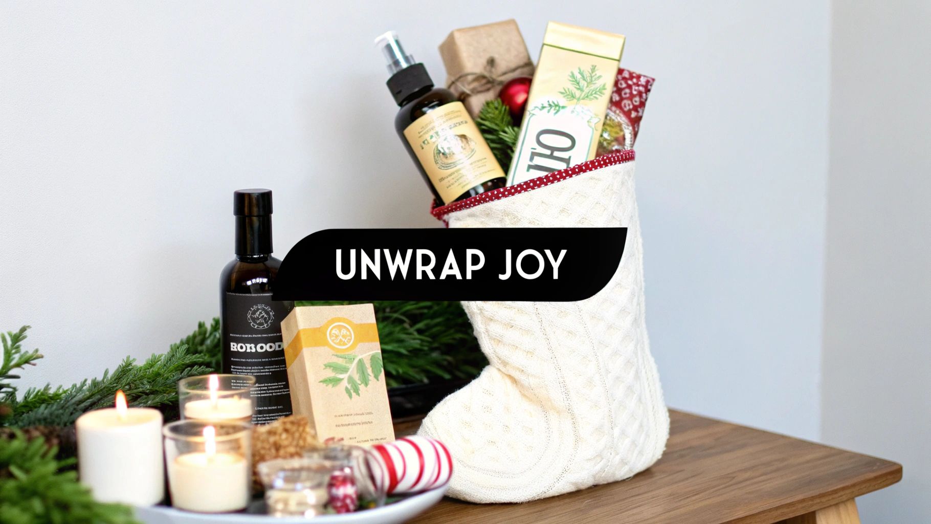 A white knitted Christmas stocking overflowing with gifts, including a spray bottle, olive oil, and a wrapped present, next to lit candles, a black bottle, and festive greenery on a wooden table.