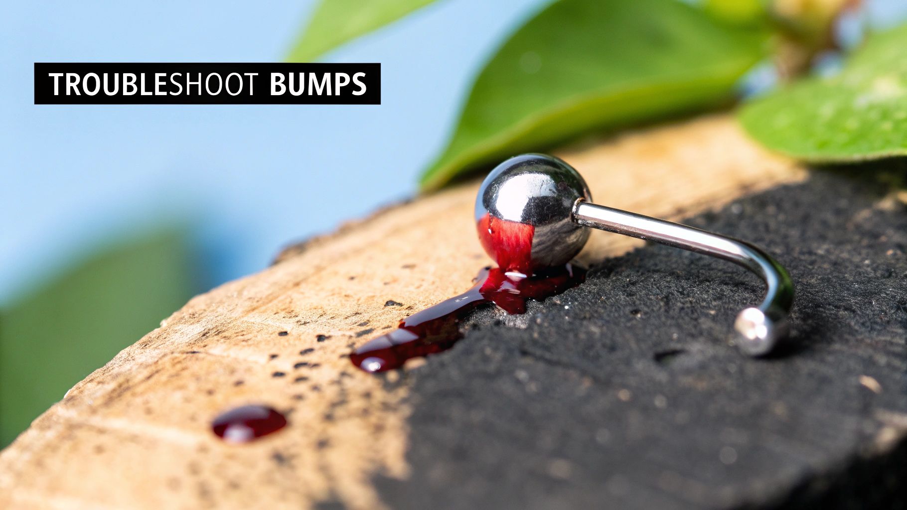 A person examining their nose piercing in a mirror with a concerned expression.