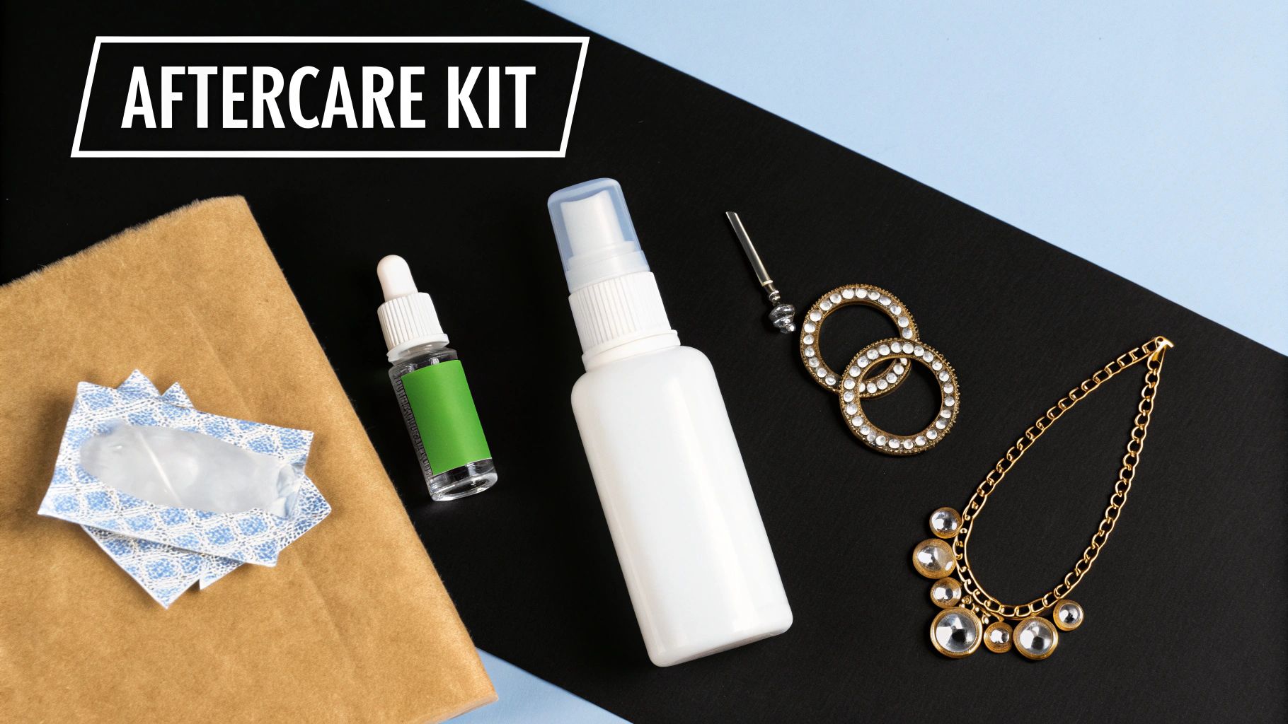 A collection of piercing aftercare items including saline spray and sterile cotton swabs on a clean surface.