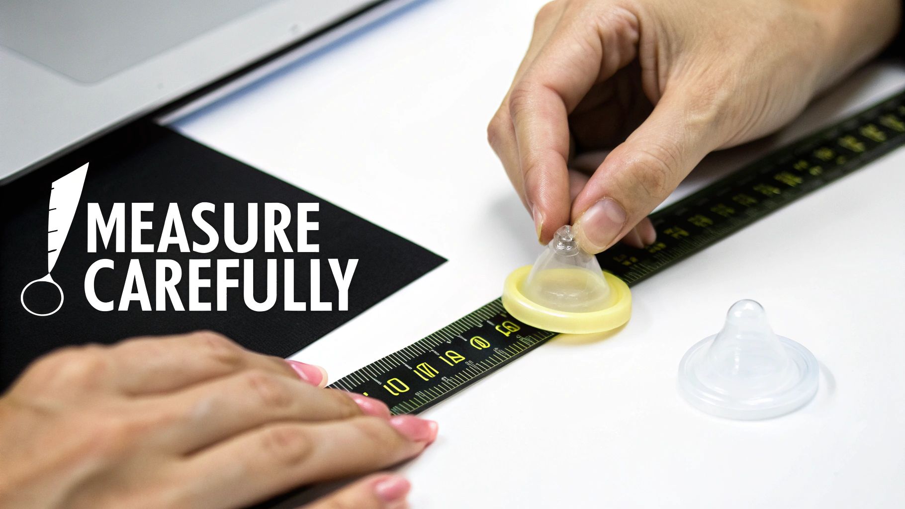 A person's hands carefully measure a yellow baby bottle nipple with a black ruler on a white desk.