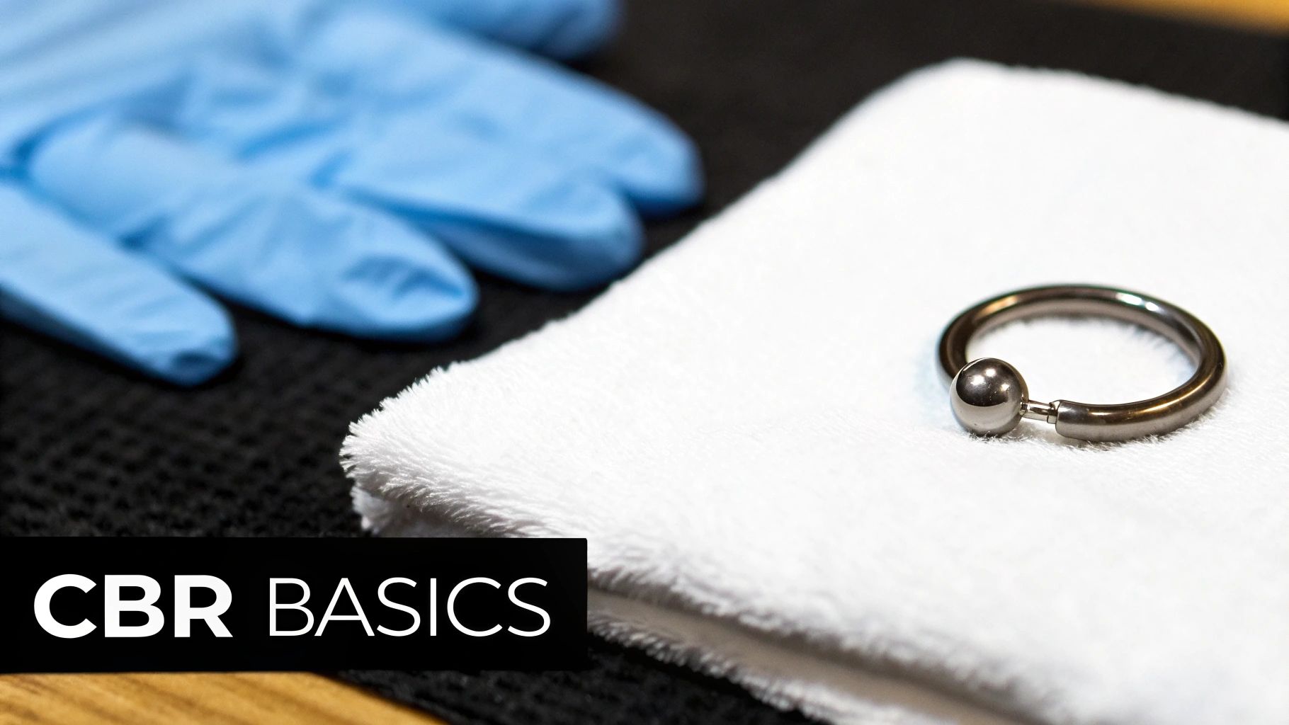 A captive bead ring piercing, blue glove, and white towel on a dark background for CBR basics.