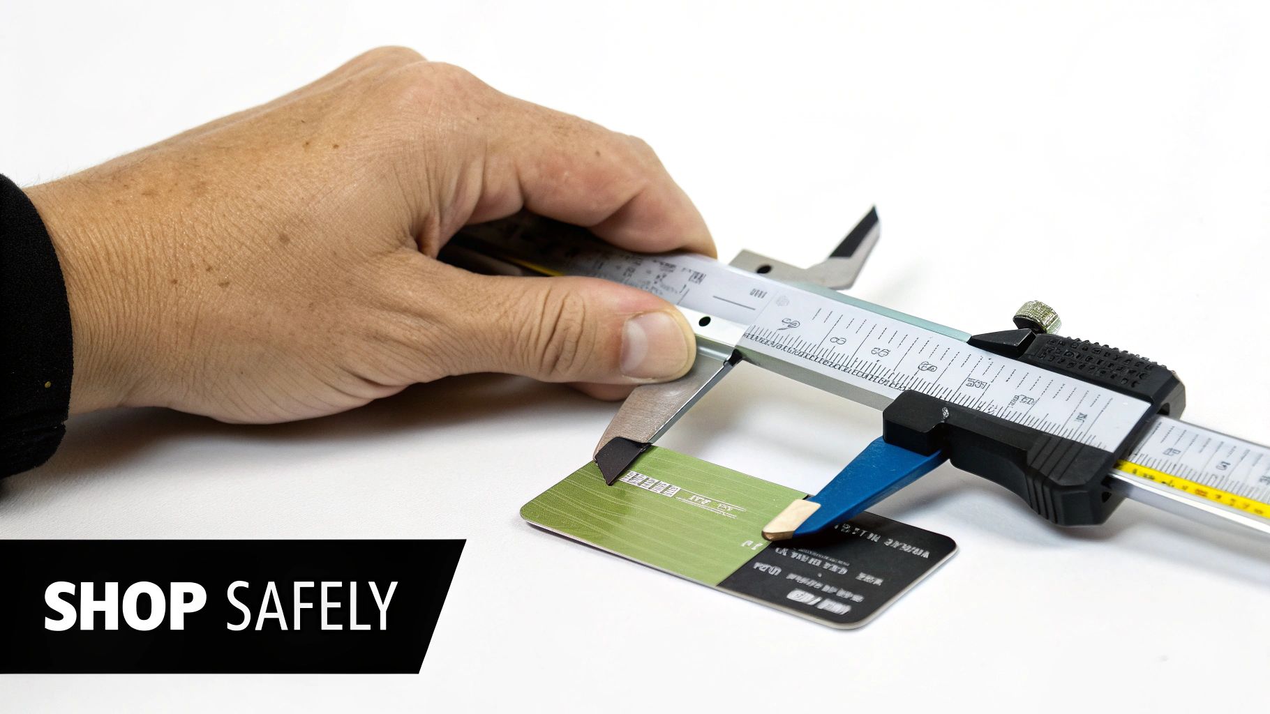A hand uses a caliper to measure the thickness of a green credit card on a white surface, with 'SHOP SAFELY' text.