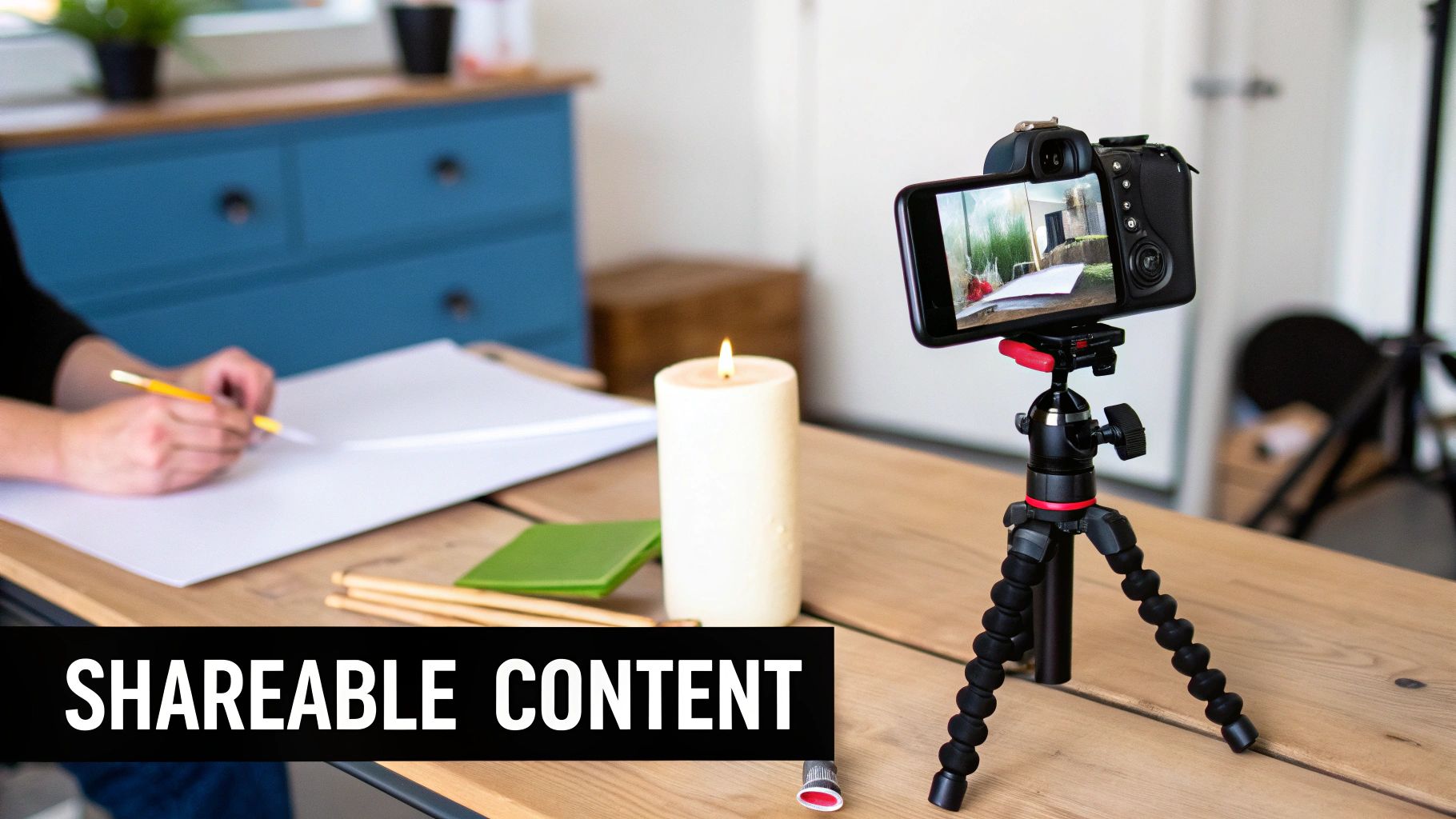 Person creating shareable content, drawing on paper while a smartphone on a tripod records.