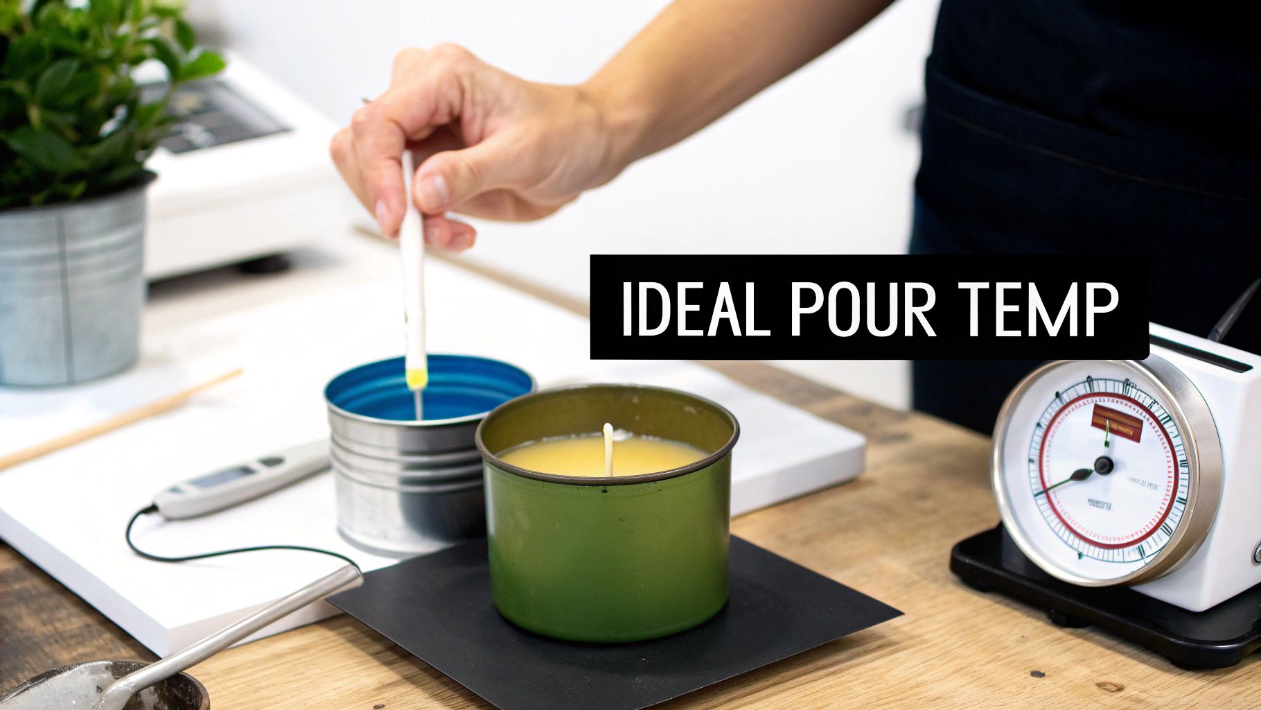 A person carefully pouring melted wax into a candle jar.