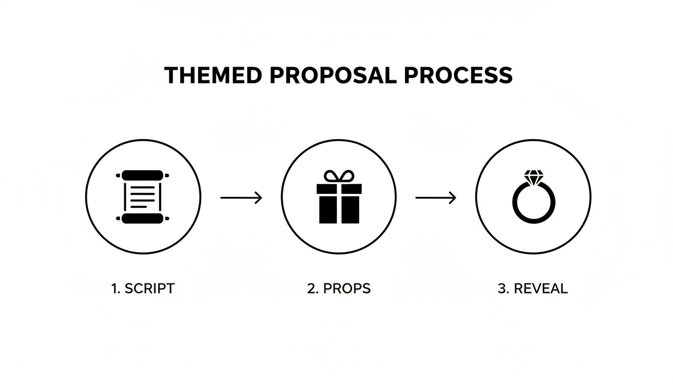 A three-step flowchart illustrates the themed proposal process: script, props, and reveal.