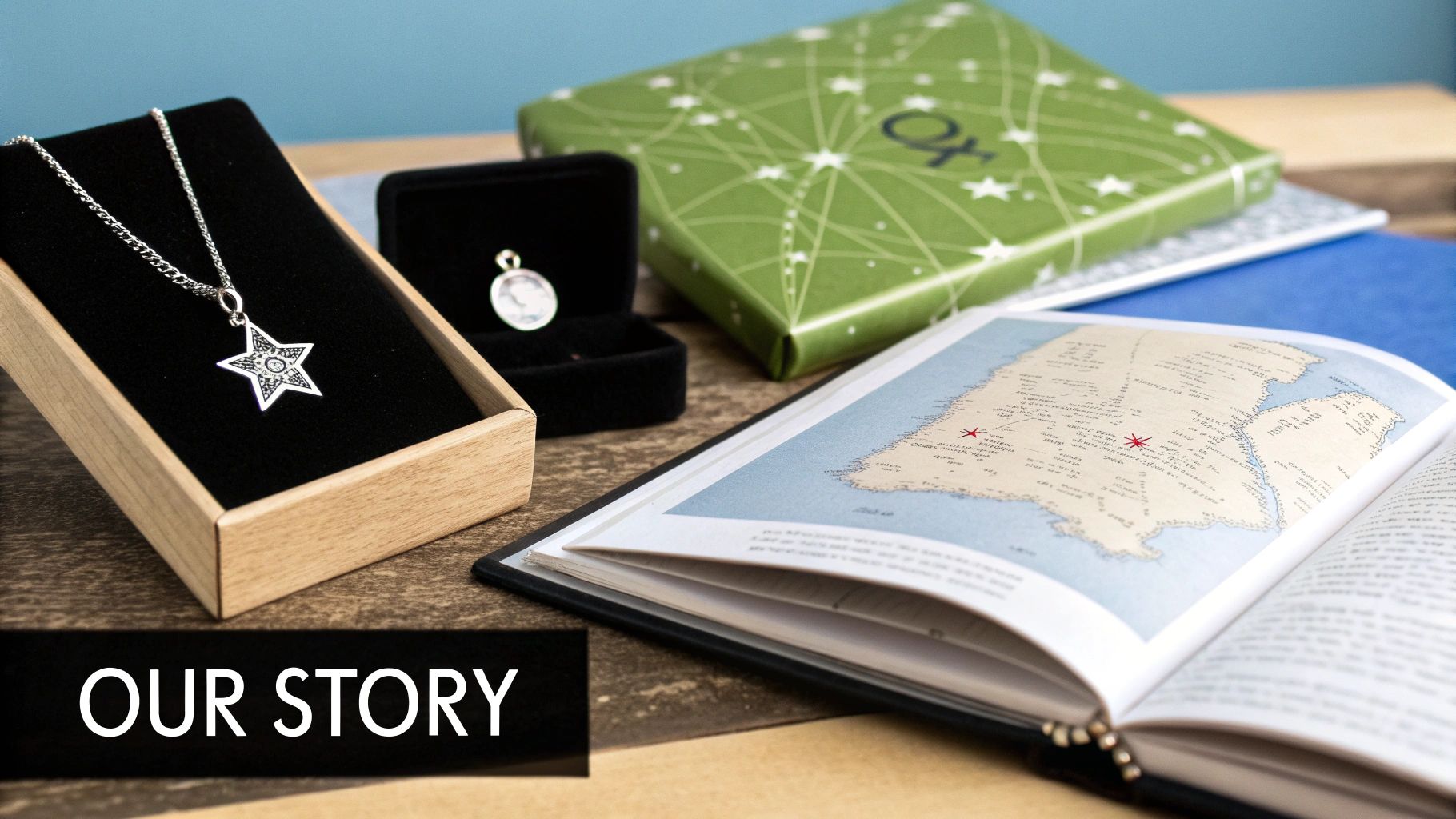 Thoughtful gifts like a star necklace and a map book with locations, symbolizing 'Our Story'.