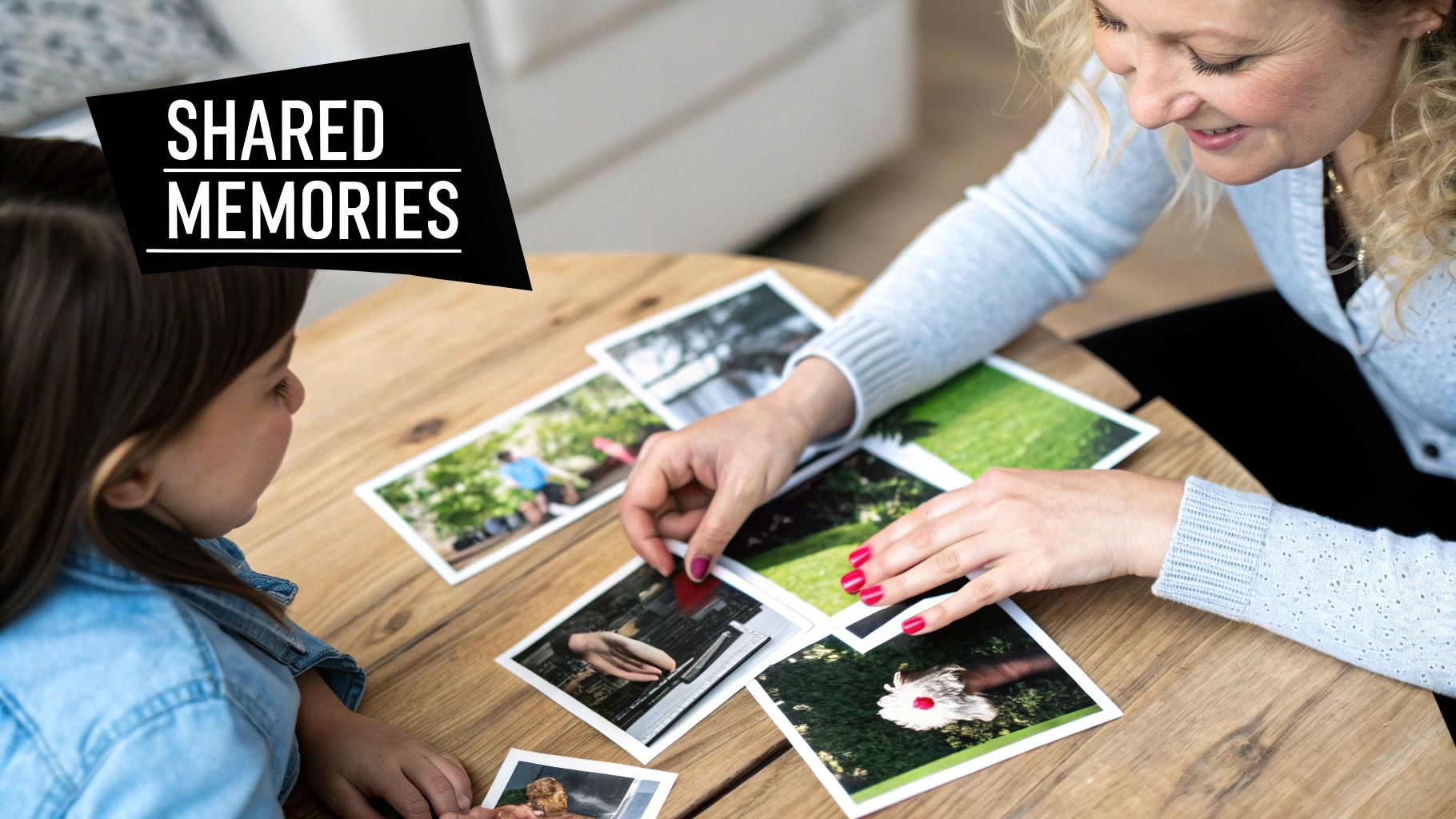 A daughter giving her mother a personalized photo album in a warmly lit living room.