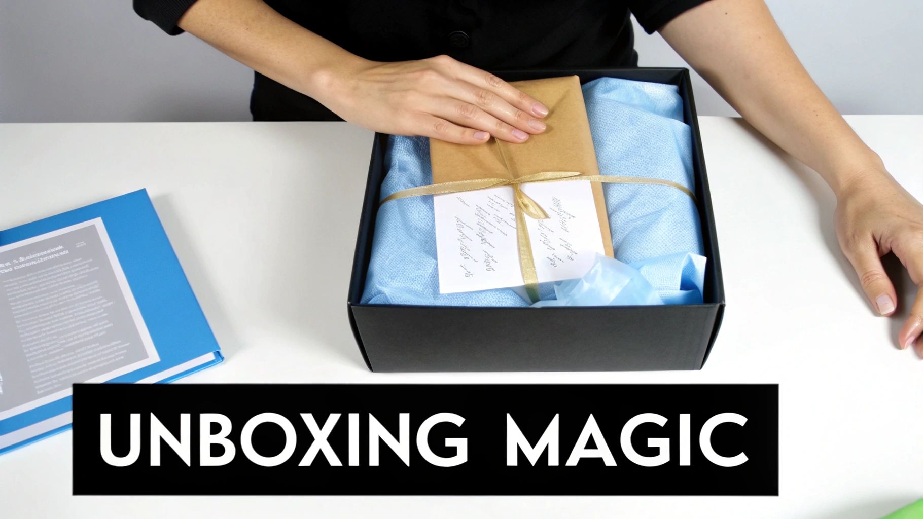 Hands gently placing a ribbon-tied gift and card into a black box with blue tissue paper.