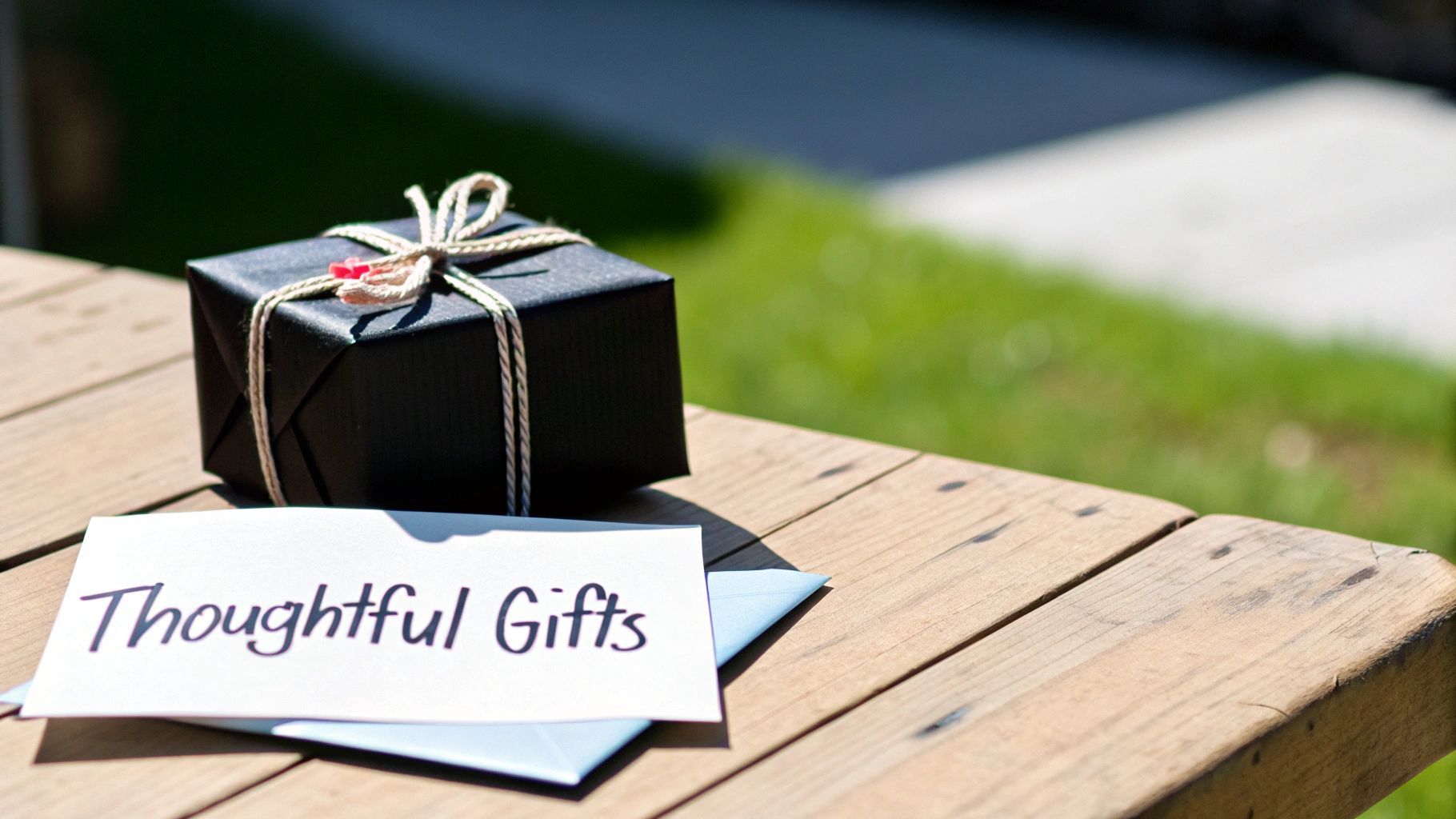 A black gift box tied with string and a card saying "Thoughtful Gifts" on a wooden table.