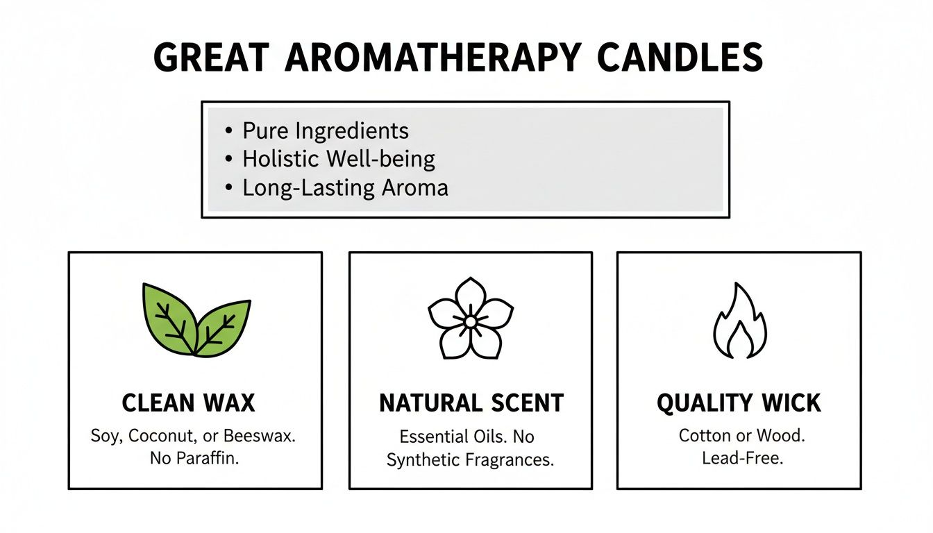 An infographic detailing the features of great aromatherapy candles, including pure ingredients, natural scent, clean wax, and quality wick.