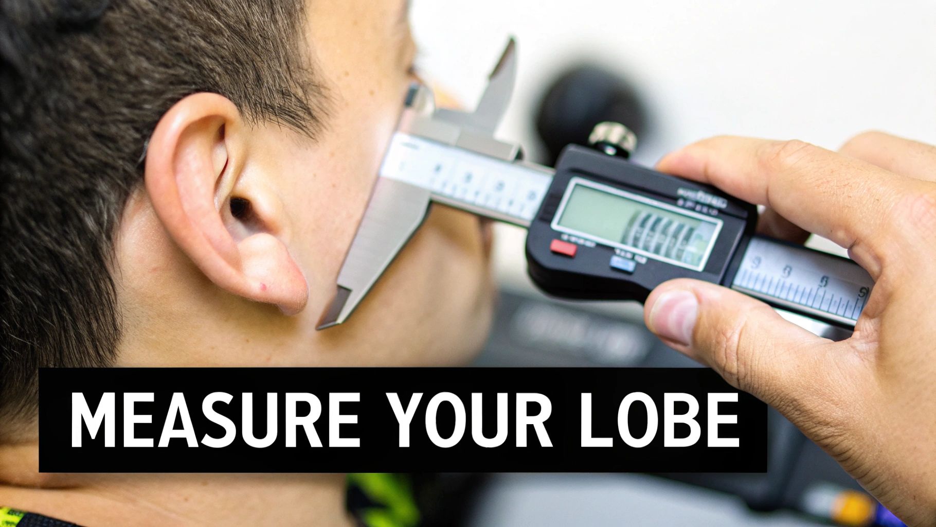 A close-up shot of digital calipers measuring a person's earlobe, demonstrating precise sizing.