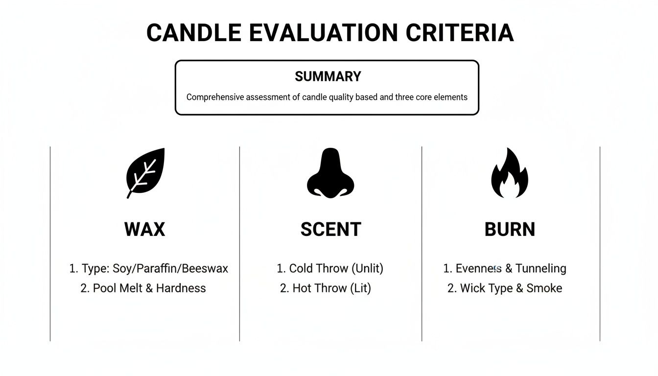 Infographic displaying candle evaluation criteria, including wax type, scent throw, and burn quality metrics.