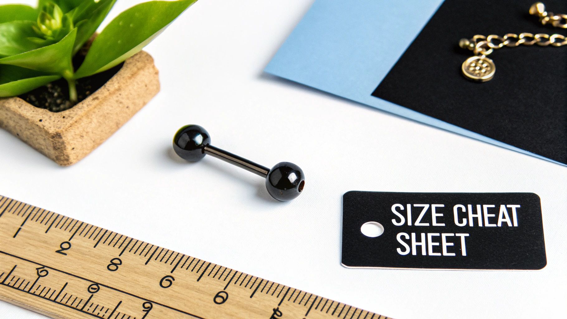 A black barbell belly button ring, a wooden ruler, and a 'size cheat sheet' tag on a white surface.