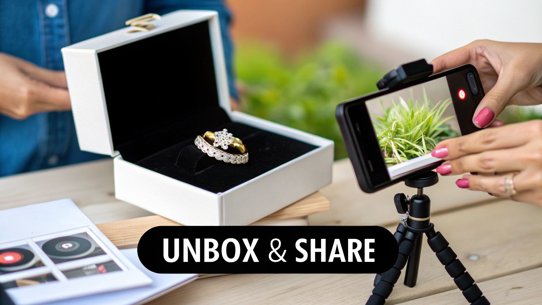 A person records unboxing two rings from a white jewelry box with a smartphone on a tripod.