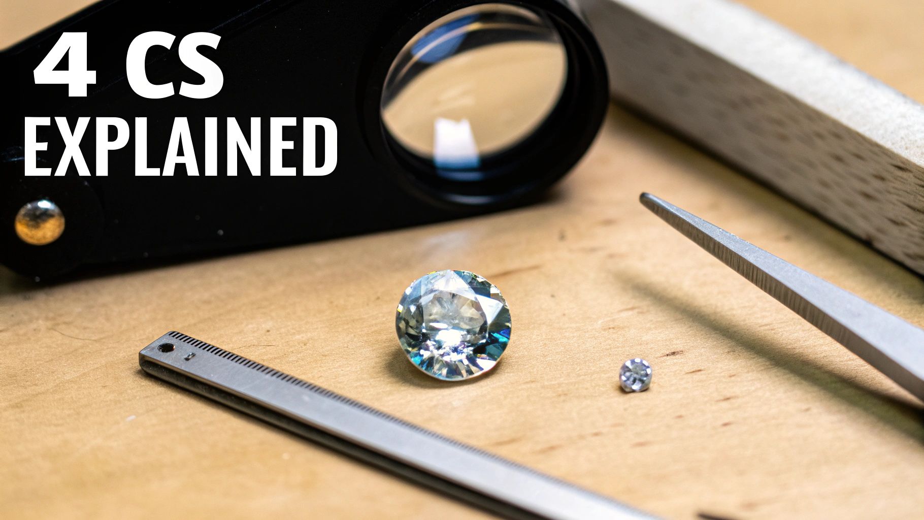 Two diamonds, a jeweler's loupe, tweezers, and a ruler on a wooden surface, illustrating the 4 Cs of diamonds.