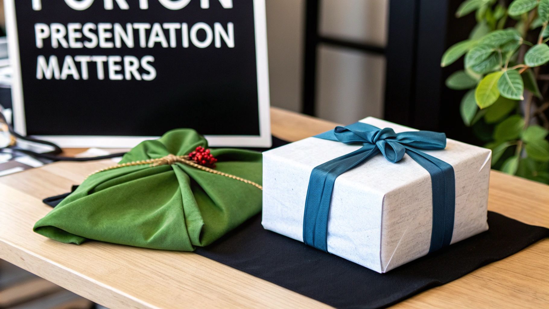 Two elegantly wrapped gifts on a wooden table: one green fabric-wrapped, the other white with a blue ribbon.