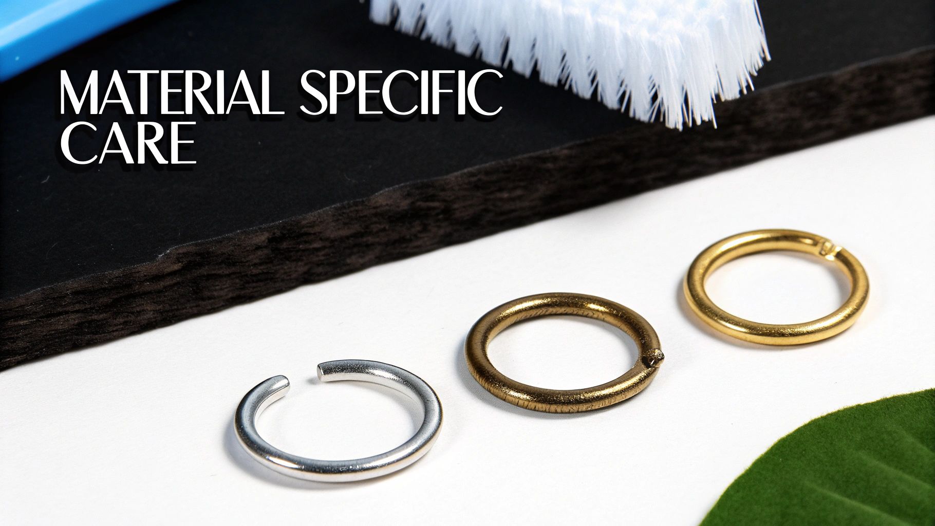 Three metal rings (silver, bronze, gold) on white surface, with 'MATERIAL SPECIFIC CARE' text and a brush.