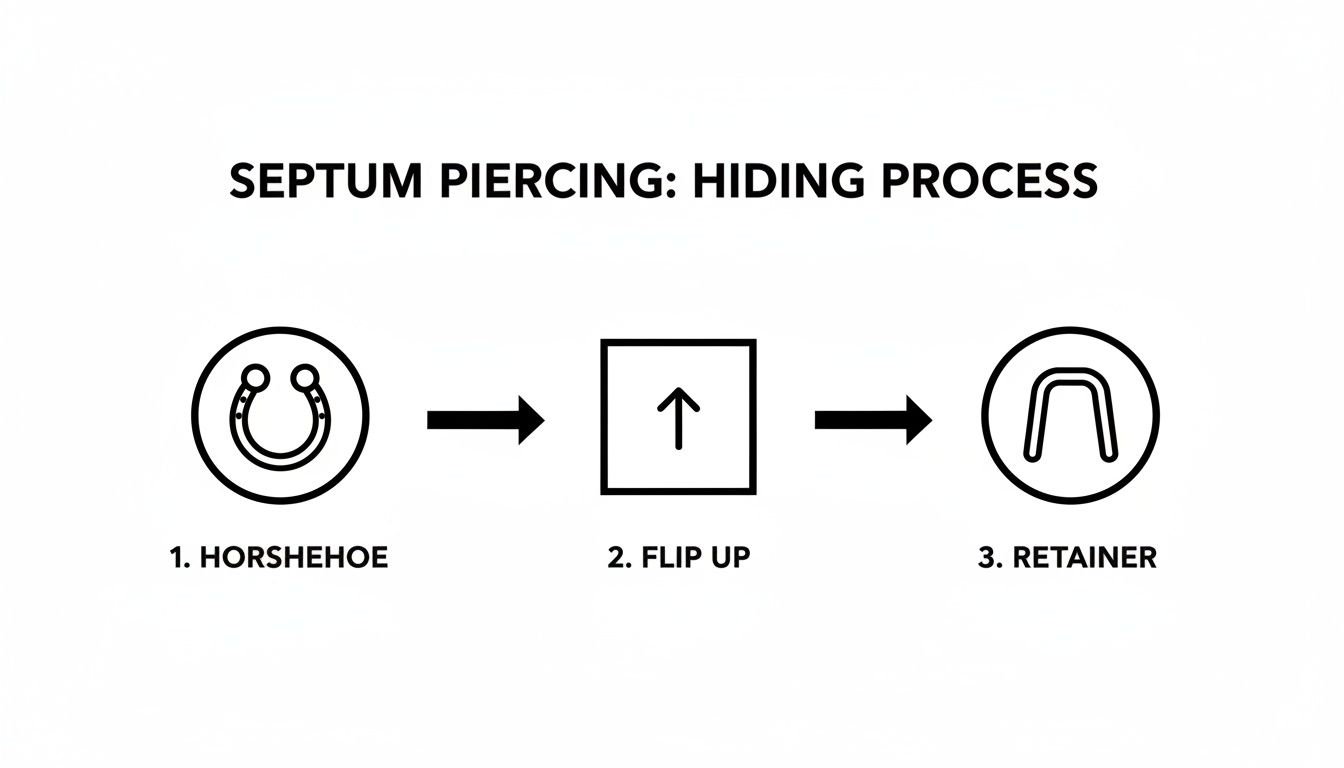 A diagram illustrates the three-step process of hiding a septum piercing: from horseshoe ring to flipped up, then using a retainer.