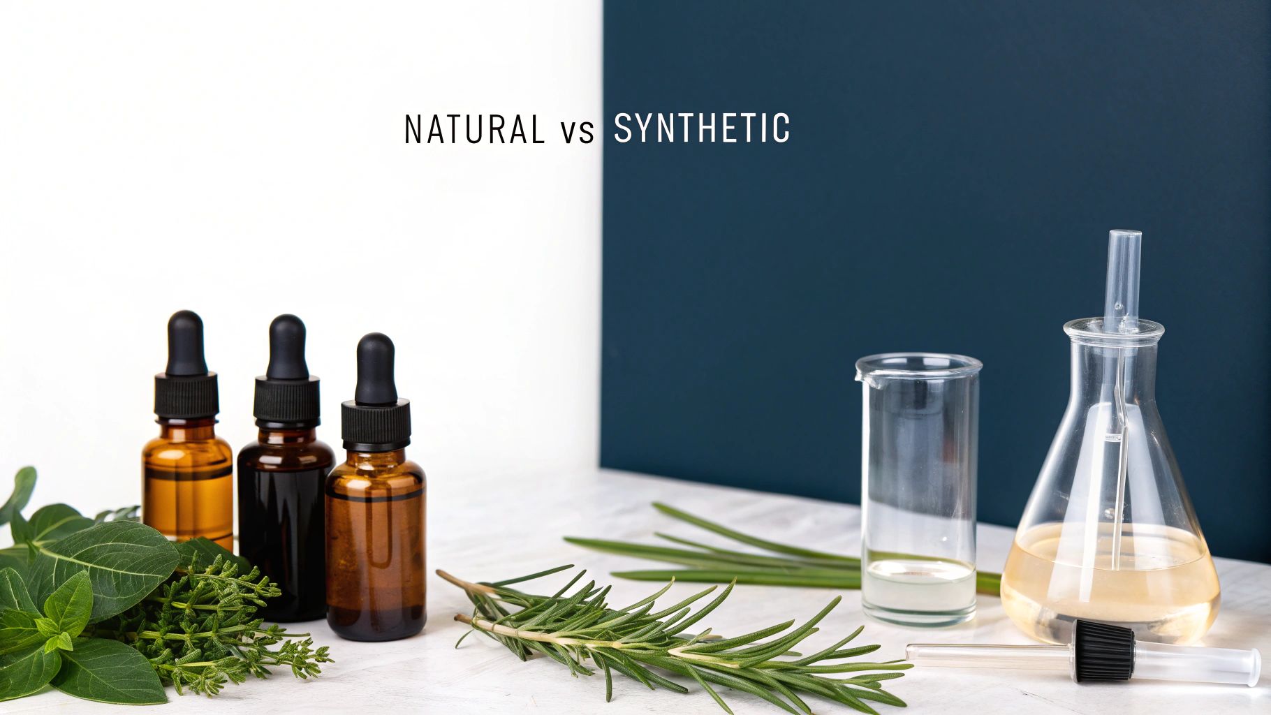 Two small glass bottles of fragrance oils sit next to a collection of dried flowers, herbs, and spices, illustrating the blend of natural and synthetic elements in perfumery.