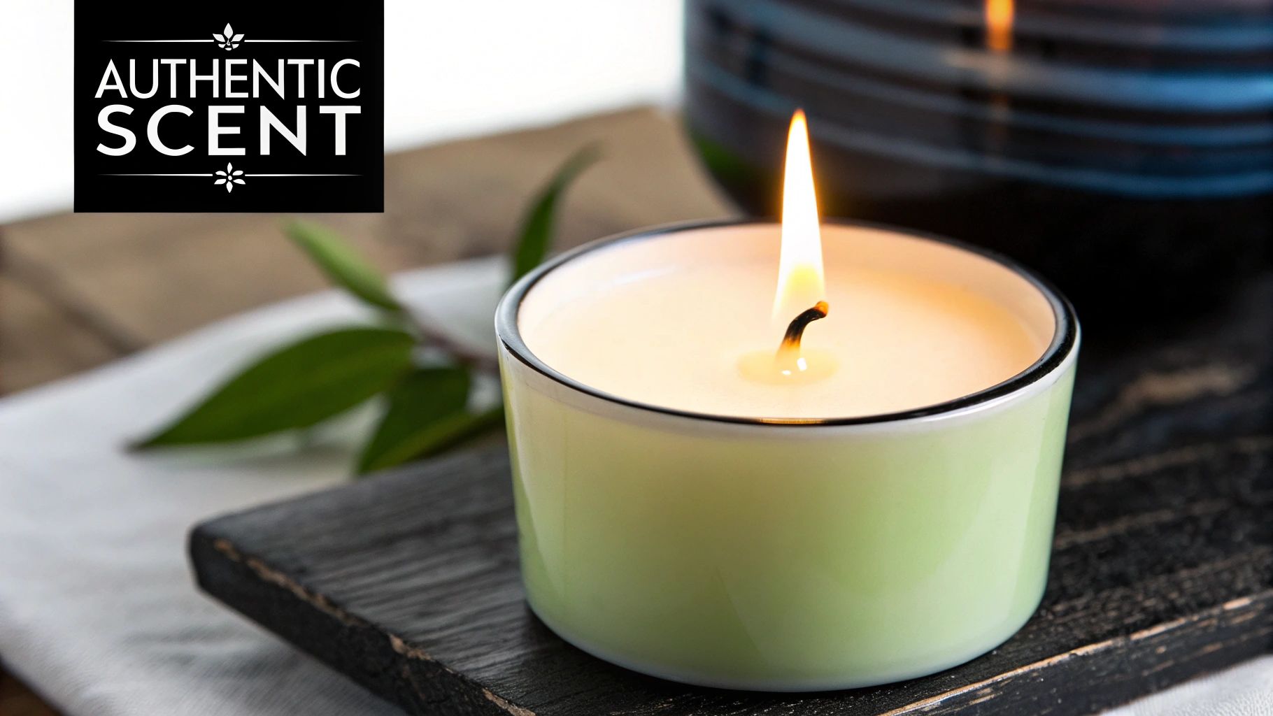 A lit soy wax candle in a light green ceramic holder on a dark wooden surface, featuring 'AUTHENTIC SCENT' logo.