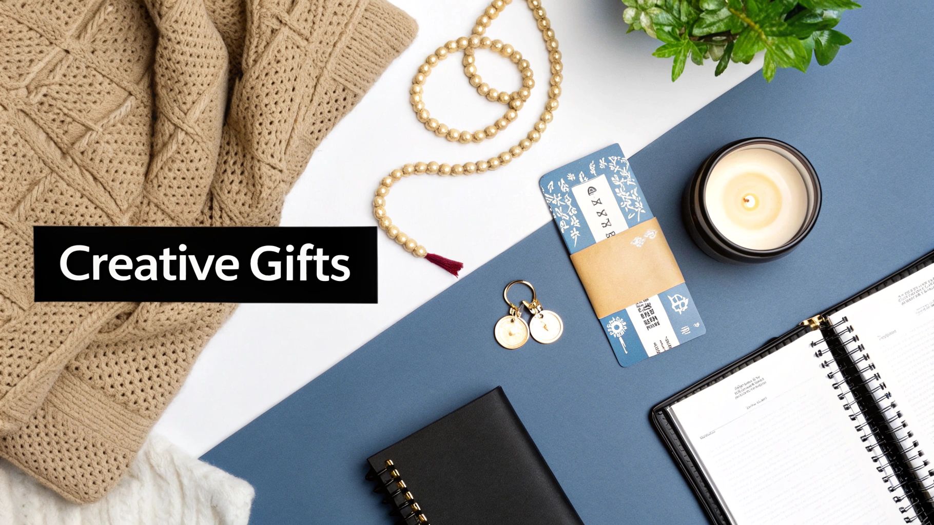 A creative gifts flat lay featuring a knitted blanket, beaded necklace, travel ticket, lit candle, and open planner.