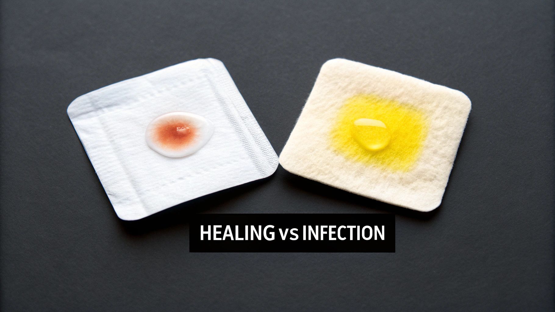 Comparison of healing versus infection, showing a pad with reddish fluid and another with yellow pus.