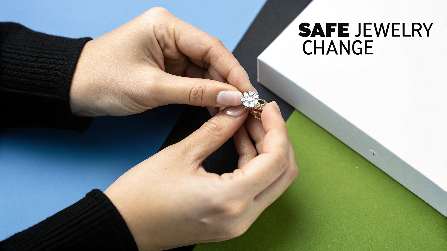 Woman with a new helix piercing smiling, with a travel pillow visible nearby.