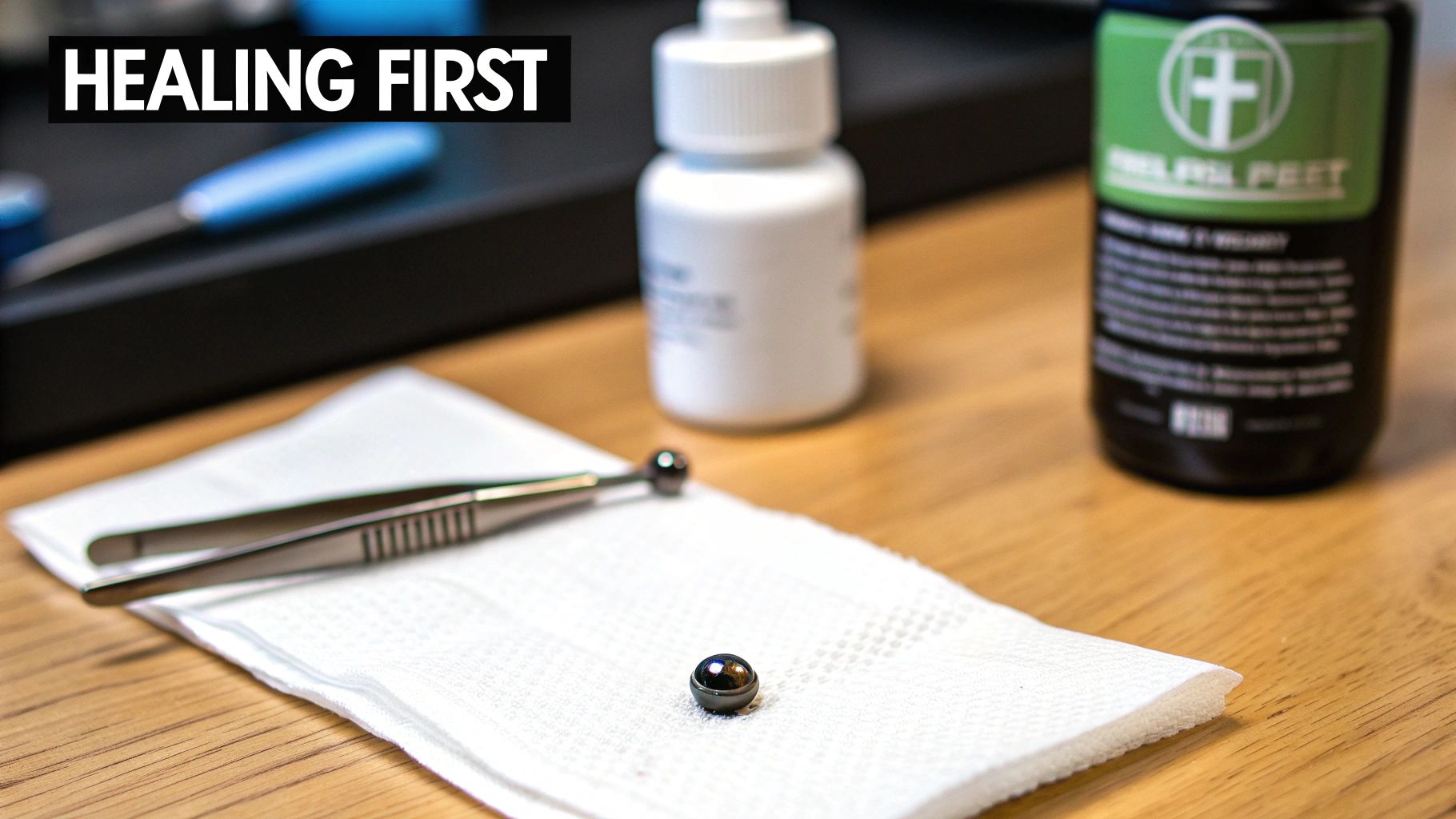 A small, shiny dark nose stud lies on a white paper towel next to tweezers, with healing products.