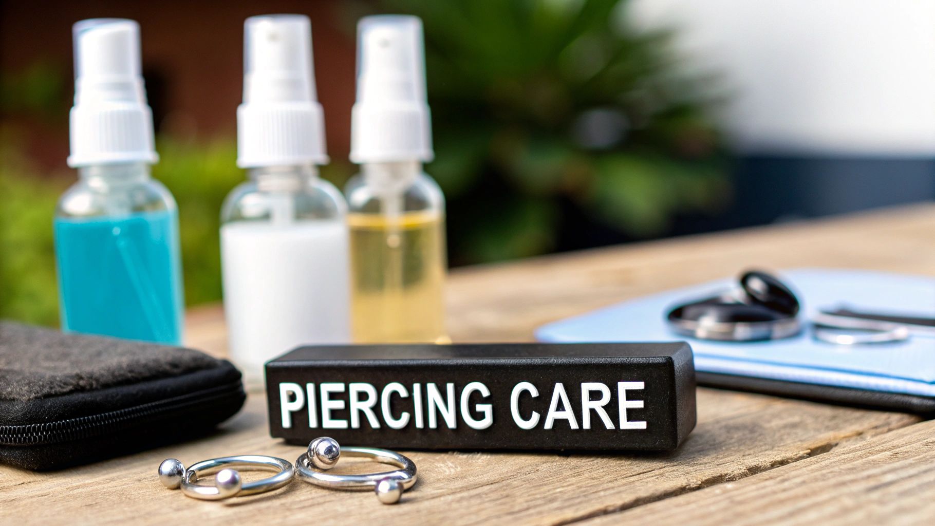 Piercing care products including spray bottles, a sign, and silver body jewelry on a wooden table.